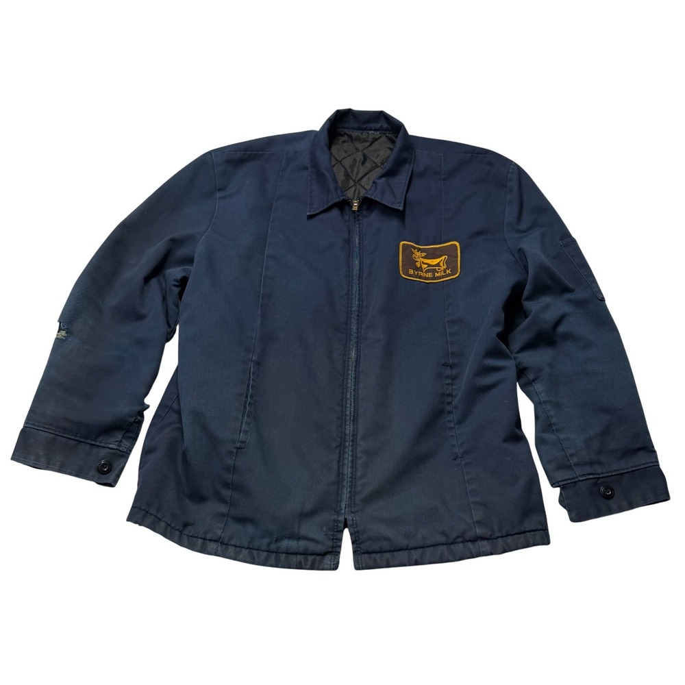 Vintage Byrne Milk Work Jacket Mens L Navy Blue Quilted Talon Zip Distressed